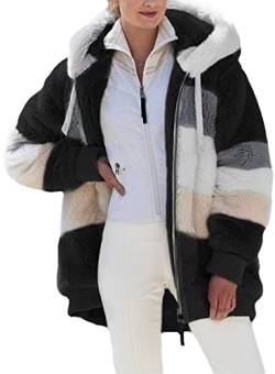 Alueeu Fleecemantel Damen Lang Mit Kapuze Outdoor Schwarz Teddy Plüschjacke Plüschmantel Kapuzenmantel Wintermantel Fleecejacke Flauschjacke Herbst Winter Teddyfleece Jacke Mantel Teddymantel von Alueeu