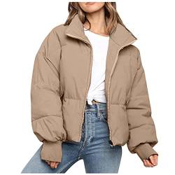 Alueeu Kurze Daunenjacke Damen ohne Kapuze Leicht Winter Schwarz Weiß Winterjacke Wintermantal Winterparka Übergangsmantel Parka Mantel Fleecejacke Steppjacke Softshelljacke Übergangsjacke, Khaki, S von Alueeu