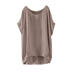 Alueeu Leinenbluse Damen Oversize Tunika Baggy Langarmshirt Leinen Longshirt mit Knöpfen Oberteile Leinen-top Lässige Große größen Blusenshirt Damenbluse Damenoberteile Hemdbluse, Khaki, XL von Alueeu