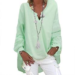 Alueeu Leinenbluse Damen Oversize Tunika Baggy Langarmshirt Leinen Longshirt mit Knöpfen Oberteile Leinen-top Lässige Große größen Blusenshirt Damenbluse Damenoberteile Hemdbluse, Z5-grün, 5XL von Alueeu