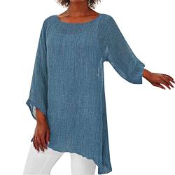 Alueeu Leinenbluse Damen Tunika Baggy Langarmshirt Leinen Longshirt mit Knöpfen Oberteile Bequem Leinen-top Lässige Große größen Blusenshirt Damenbluse Sommer Damenoberteile Hemdbluse, XXL, Z2-blau von Alueeu