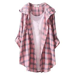 Damen Lang Bluse Kariertes Leinenhemd Knopfleiste Langarmhemd Karohemd Sommer Longshirt Plaid Oberteile Tuniken Blusenhemd Casual Damenbluse T-Shirts Shirt von Alueeu