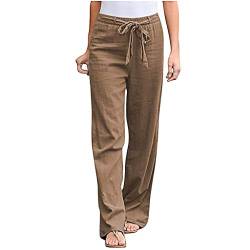 Damen Leinenhose Weite Beine Lang Hose Sommer Loose Freizeithose Strandhose Leinen Pants Frauen Einfarbig Leicht Lang Hosen Luftige Stoffhose Baumwollhose Sommerhose mit Taschen von Alueeu