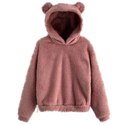 Plüsch Hoodie Damen Plüsch Pulli Damen Hoodie Rosa Mit Ohren Flauschig Warm Kapuze Damen Pullover mit Kapuze Einfarbig Pulli Teddy Fleecepulli Damen Teddy Fleece Kapuzenpullover von Alueeu