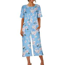 Pyjama Set Damen Baumwolle Schlafanzug Zweiteiliger Lässige Oberteile und 7/8 Hosen Hausanzug Vintage Blumen Druck Pyjamahose und Shirt Casual Lose Nachtwäsche mit Taschen Sleepwear von Alueeu