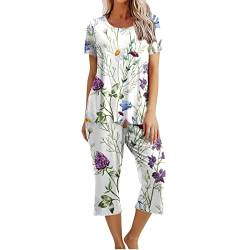 Pyjama Set Damen Baumwolle Schlafanzug Zweiteiliger Lässige Oberteile und 7/8 Hosen Hausanzug Vintage Blumen Druck Pyjamahose und Shirt Casual Lose Nachtwäsche mit Taschen Sleepwear von Alueeu