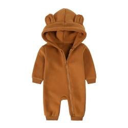 Alunsito Baby Junge Mädchen Fleece Kapuzenpulli mit Bärenohren Kapuzenpullover Overall Bodysuit Langarm Einteiler Kleidung 80 Dunkelbraun 9-12 Monate von Alunsito