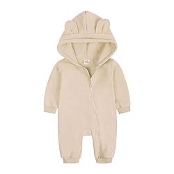 Alunsito Baby Jungen Mädchen Mit Kapuze Overall Solide Langarm Strampler Herbst Einteiliger Bodysuit Outfits Overall Beige 59 0-3 Monate von Alunsito