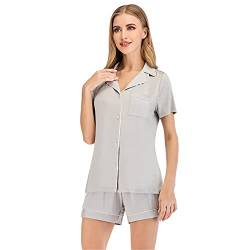 Alunsito Damen Kurzarm Nachtwäsche Nachthemd Button Down Top Modal Kurze Hose 2 Stück Pyjama Set Grau M von Alunsito