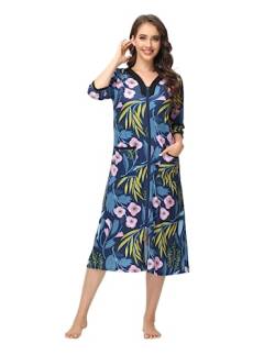 Alunsito Damen Zip Up Robe Weicher Leichter Bademantel Floral Loungewear Lange Nachthemden V-Neck Schlafkleid 3/4 Ärmel Hausmantel Mit Taschen, Marineblau, Large von Alunsito