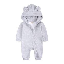 Alunsito Herbst Winter Baby Mädchen Jungen Kleidung Langarm Reißverschluss Hoodie Strampler Bär Ohr Overall Einteiliges Outfit Grau 80 9-12 Monate von Alunsito