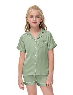 Alunsito Kinder Baby Boy Girl Satin Pyjamas Sets Kurzarm-Button-Down-Top-Shorts Seidennachtkleidung 2 Stück Lounge Sets 150 Grün 11-12 Jahre von Alunsito