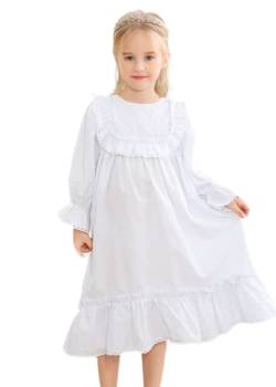 Alunsito Kinder Mädchen Nachthemd Schlafkleid Langarm Nachtwäsche Baumwolle Prinzessin Pyjama Einfarbig Rüschen Nachthemd Nachthemd 150 Weiß 10-12 Jahre von Alunsito