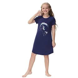 Alunsito Kleine Mädchen Nachthemden Sommer Lose Kurzarm Nachtwäsche Niedlich Bedrucktes Nachthemd Weich Modal Pyjama Blau 150 11-12 Jahre von Alunsito