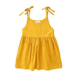 Alunsito Kleines Mädchen Sommer Spaghetti-Trägerkleid Kinder Casual Ärmellos Einfarbig Boho Kleider mit Taschen Neugeborenes Mädchen Kleidung Gelb 110 4-5 Jahre von Alunsito