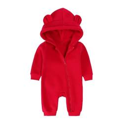 Alunsito Säugling Baby Jungen Mädchen Kleidung Reißverschluss Fleece Bär Ohr mit Kapuze Jumpsuit Strampler Langarm Einteilig Warm Kleidung 66 Rot 3-6 Monate von Alunsito
