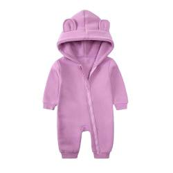 Alunsito Säugling Baby Mädchen Kalter Winter Warme Kleidung Lange Ärmel Reißverschluss Fleece Strampler Einfarbig Bärenohr Kapuzenpulli Overall Bodysuit 90 Lila 1-2 Jahre von Alunsito