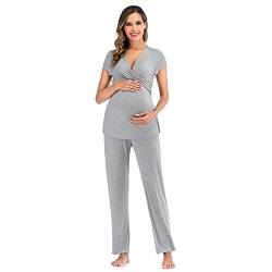 Alunsito Still-Pyjama für Frauen für Schwangerschaft, Stillen, Nachtwäsche, kurzärmelig, Oberteil + Hose, Kostüm zum Stillen, Gris Clair, 38 von Alunsito