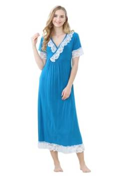 Alunsito Viktorianisches Nachthemd für Damen Rüschen Spitze Nachtwäsche Lange Loungewear Kurze Ärmel Vintage-Nachthemd groß dunkelblau von Alunsito