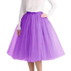 Damen Tutu Tüllrock Mehrlagig Mesh Ballett Abschlussball Party Hochzeit Abend A-Linie Midi Rock Einfarbig Petticoat Hell Lila XL von Alunsito