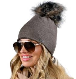 Alur Mütze Damen Beanie Wintermütze Strickmütze mit Bommel - Warme Elastisch Elegant Winter Mütze EKO Bommelmütze - Weiches Garn Stilvoll Universell Warm (Braun) von Alur