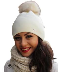 Alur Mütze Damen Beanie Wintermütze Strickmütze mit Bommel - Warme Elastisch Elegant Winter Mütze EKO Bommelmütze - Weiches Garn Stilvoll Universell Warm (Creme) von Alur