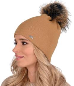 Alur Mütze Damen Beanie Wintermütze Strickmütze mit Bommel - Warme Elastisch Elegant Winter Mütze EKO Bommelmütze - Weiches Garn Stilvoll Universell Warm (Karamell) von Alur