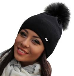 Alur Mütze Damen Beanie Wintermütze Strickmütze mit Bommel - Warme Elastisch Elegant Winter Mütze EKO Bommelmütze - Weiches Garn Stilvoll Universell Warm (Schwarz) von Alur