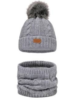 Alur Mütze Kinder Unisex Beanie mit Loop Schal Set Wintermütze Strickmütze mit Bommel - Warme Elastisch Elegant Winter Mütze Schal Eko Bommelmütze - Weiches Garn Stilvoll Warm (Grau) von Alur