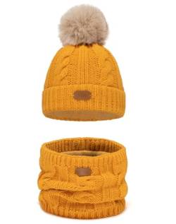 Alur Mütze Kinder Unisex Beanie mit Loop Schal Set Wintermütze Strickmütze mit Bommel - Warme Elastisch Elegant Winter Mütze Schal Eko Bommelmütze - Weiches Garn Stilvoll Warm (Honig) von Alur