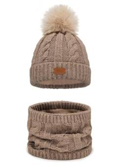 Alur Mütze Kinder Unisex Beanie mit Loop Schal Set Wintermütze Strickmütze mit Bommel - Warme Elastisch Elegant Winter Mütze Schal Eko Bommelmütze - Weiches Garn Stilvoll Warm (Latte) von Alur