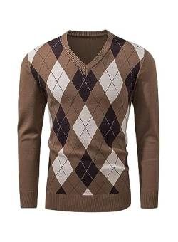 AlvaQ Argyle Pullover Herren Strickpullover Herren Retro V Ausschnitt Pullover Braun Herren Herbst und Winter Sweater XL von AlvaQ