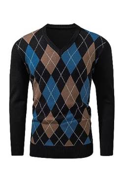 AlvaQ Argyle Pullover Herren Strickpullover Herren Retro V Ausschnitt Pullover Schwarz Herren Herbst und Winter Sweater XL von AlvaQ