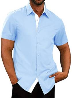 AlvaQ Hemd Herren Kurzarm Businesshemden Für Herren Freizeithemd Faltenfreies Kurzarmhemd Farbkontrast Sommerhemd Blau S von AlvaQ
