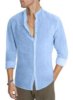 AlvaQ Hemd Herren Leinenhemd Herren Langarmhemd Baumwolle Freizeithemd Einfarbiges Sommerhemd Casual Regular Fit Blau XL von AlvaQ
