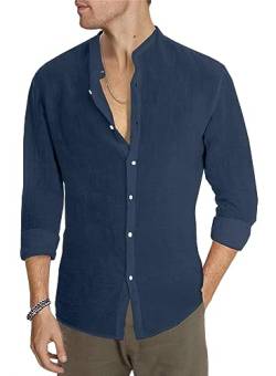 AlvaQ Leinenhemd Herren Hemd Herren Langarmhemd Baumwolle Freizeithemd Einfarbiges Sommerhemd Casual Regular Fit Blau XL von AlvaQ