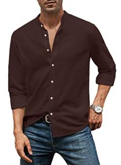 AlvaQ Leinenhemd Herren Hemd Herren Langarmhemd Baumwolle Freizeithemd Einfarbiges Sommerhemd Casual Regular Fit Braun XL von AlvaQ