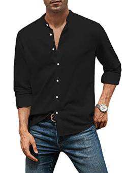 AlvaQ Leinenhemd Herren Hemd Herren Langarmhemd Baumwolle Freizeithemd Einfarbiges Sommerhemd Casual Regular Fit Schwarz XL von AlvaQ