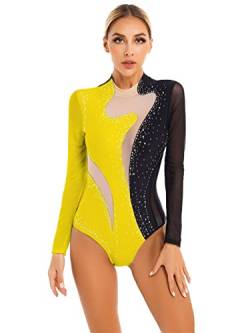 Alvivi Damen Ballettanzug Langarm Ballett Trikot Leotard Tanzbody mit Strass Ballettbody Overall Metalic Gymnastik Turnanzug Ca Schwarz&Gelb L von Alvivi