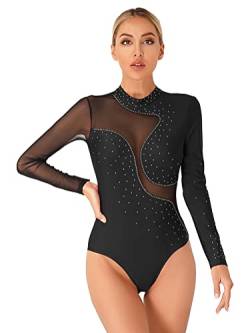 Alvivi Damen Ballettanzug Langarm Ballett Trikot Leotard Tanzbody mit Strass Ballettbody Overall Metalic Gymnastik Turnanzug E Schwarz S von Alvivi