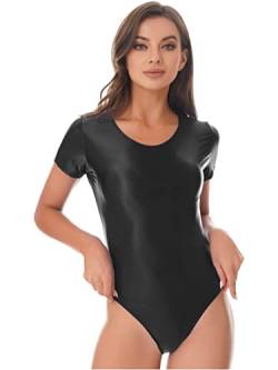 Alvivi Damen Body Overall Glossy Stringbody High Cut Thong Bikini Badeanzug Schwimmanzug Leotard Tops M-XL A Schwarz XL von Alvivi