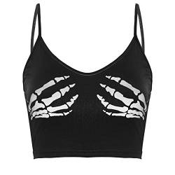 Alvivi Damen Crop Top Träger Tank Top Cami Bauchfrei Oberteile mit Skelett Hände Druck Unterhemd Weste Party Club Shirt A Schwarz M von Alvivi