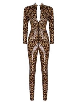 Alvivi Damen Jumpsuit Wetlook Leopard Body Ouvert Hose Leder-Optik Catsuit Overall Ganzkörperanzug Tight Leggings Pants Party Clubwear E Braun L von Alvivi