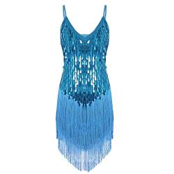 Alvivi Damen Tanzkleid Glänzend Pailletten Cocktail Partykleid Latein Rumba Cha Cha Tango Samba Bauchtanz Kleid Fasching Karneval Kleid A See Blau Einheitsgröße von Alvivi