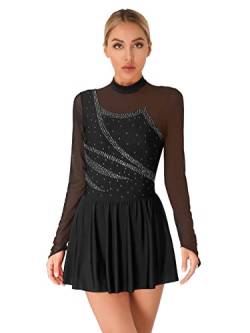 Alvivi Eiskunstlauf Kleid Damen Langarm Ballettanzug mit Strass Ballerina Latein Tango Rumba Salsa Rollschuhkleid Tanzkleid D Schwarz A L von Alvivi