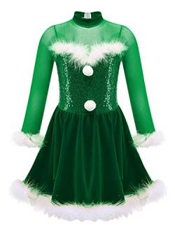 Alvivi Eiskunstlauf Kleid für Kinder Mädchen Ballettkleid Weihnachtskleid Langarm Ballettanzug Ballerina Latein Tanzkleid Weihnachten Partykleid Ca Grün 170-176 von Alvivi