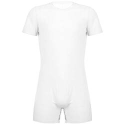 Alvivi Herren Body Overall Kurzarm T-Shirt Hemd Tops Einteiler Männerbody mit Druckknöpfe im Schritt Slim Fit Unterhemd Boxershorts A Weiß XL von Alvivi