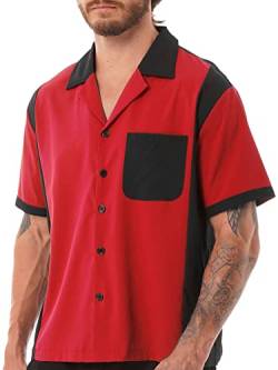 Alvivi Herren Bowling Shirt Hemd 50er Vintage Retro Freizeithemd Button Down Hemd Sommer Shirt Tops Oberteile D Rot XXL von Alvivi