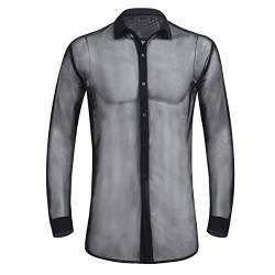 Alvivi Herren Transparent Shirts Langarm T-Shirt Hemd Durchsichtig Netzhemd Unterhemd Untershirt Unterwäsche GOGO Clubwear Schwarz M von Alvivi