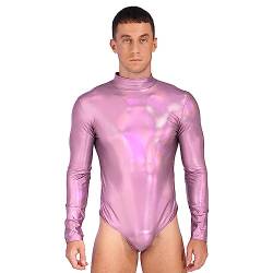 Alvivi Herren Wetlook Body Einteiler Bodysuit Metallic Overall mit Reißverschluss Stringbody Langarmshirt Unterhemd Leotard Tops Rosa L von Alvivi